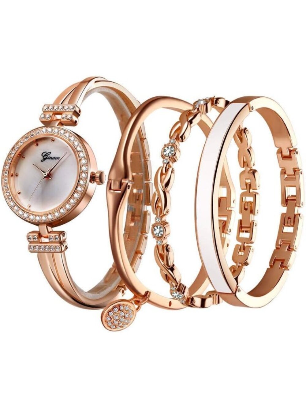 Women's Rose Gold Stylish Four-Piece Bangle Fashionable Analog Quartz Watches